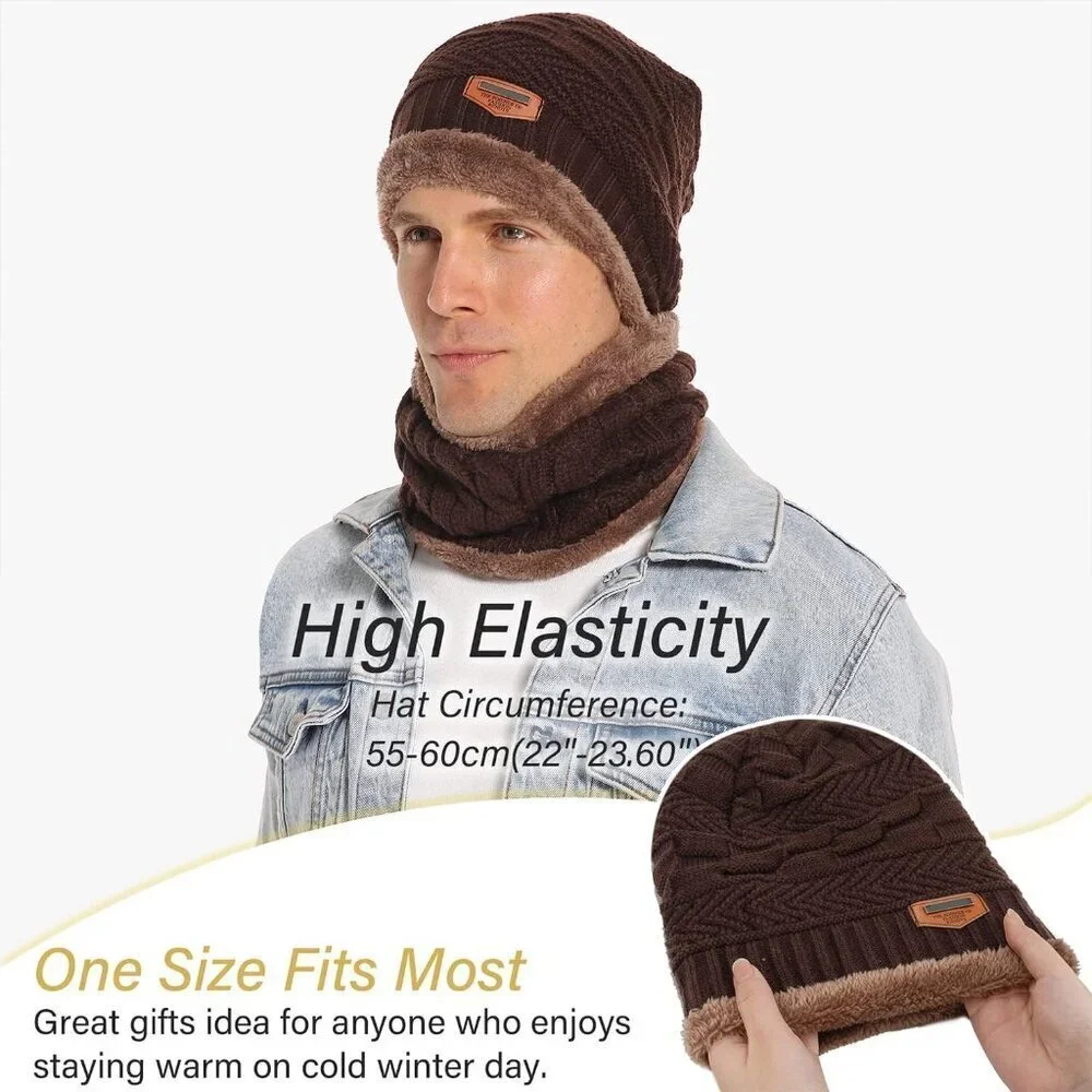 Men's Coffee Winter Warm Knit Thick Fleece Lined Skull Beanie Hat Scarf Set